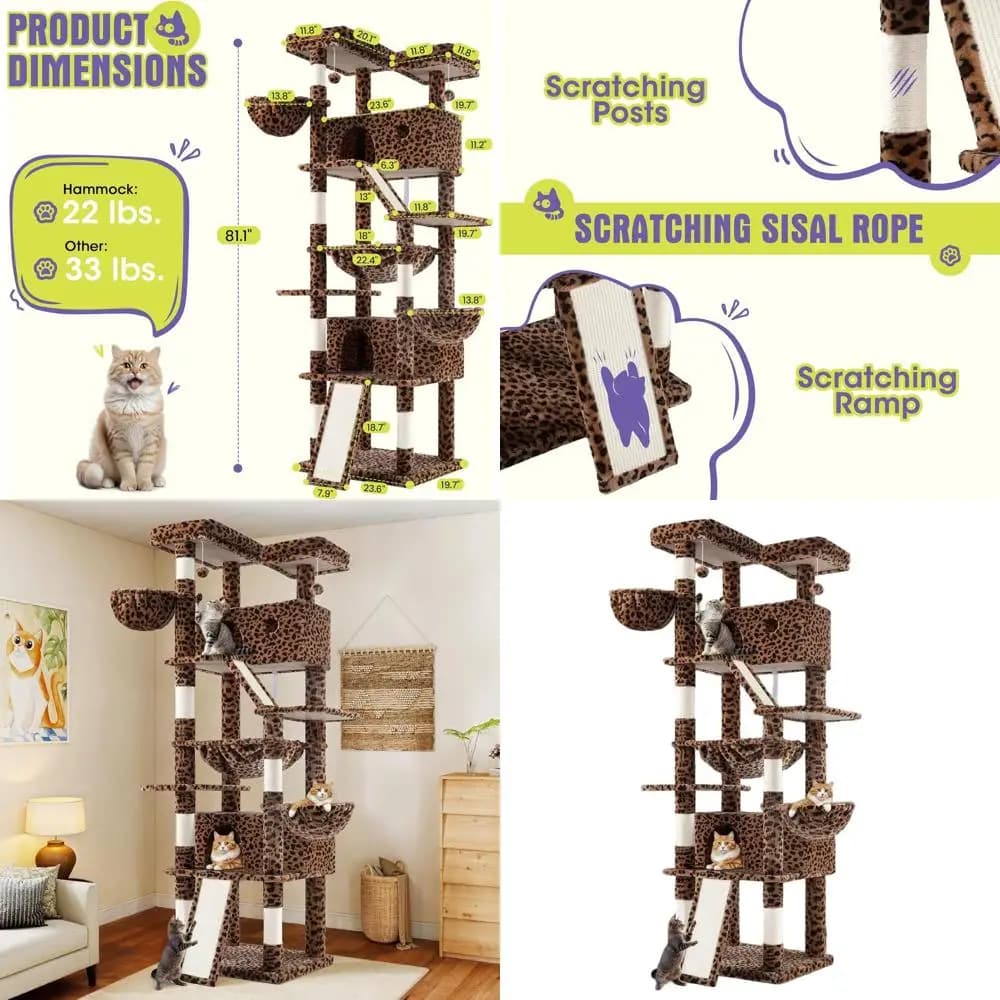 Albero per Gatti da Interno Alto 81 Pollici con Piattaforme Multi-Livello, Posti di Tiraggio in Sisal e Design con Stampa Leopardata