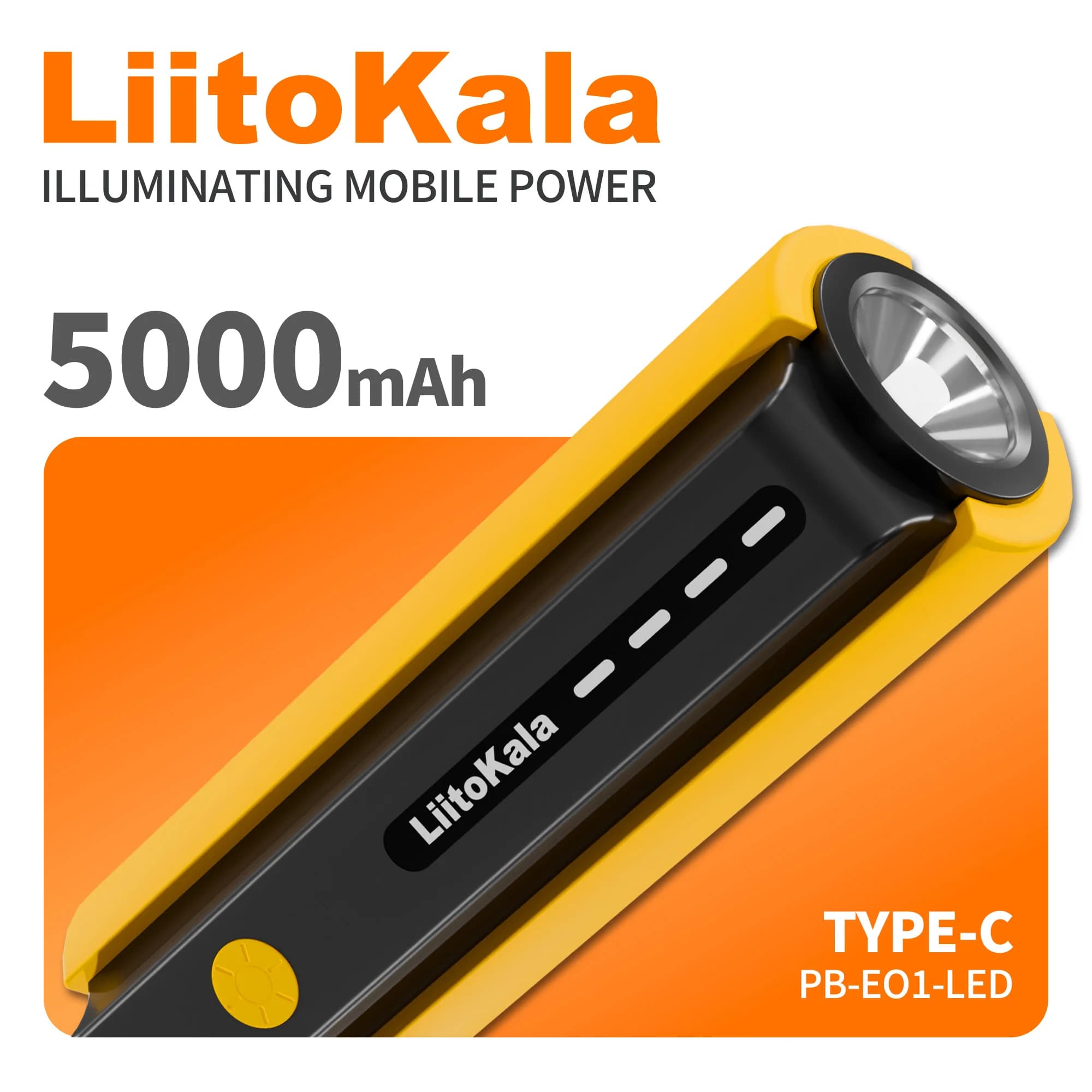 Caricabatterie Portatile LiitoKala 5000mAh con Torcia LED 1W, Batteria 21700, Cavo Type-C con Laccetto, Power Bank Tascabile EDC
