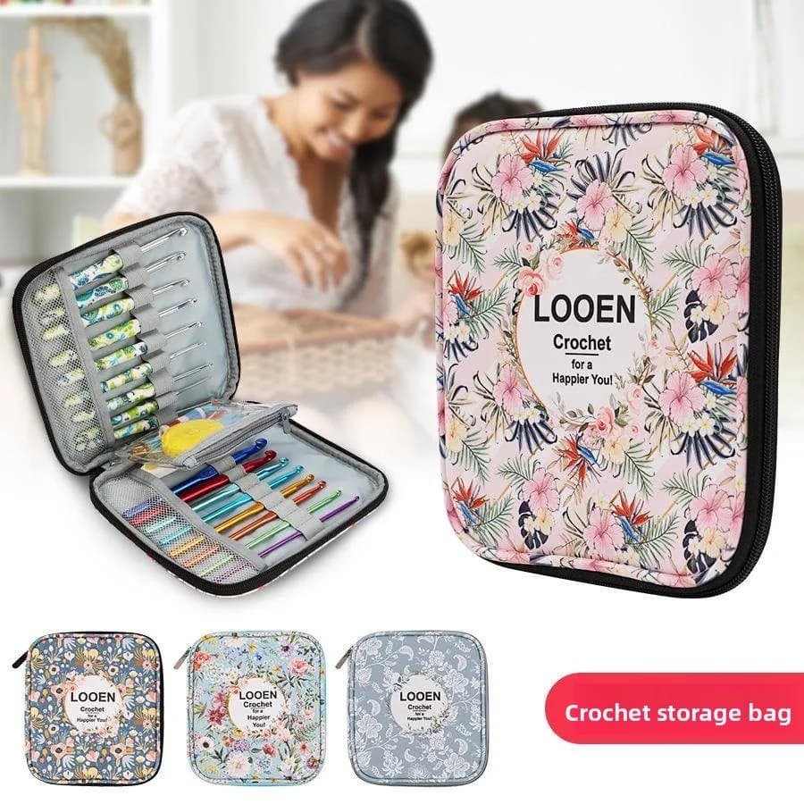 Set di Borse Porta Accessori per Uncinetti con Stampa Floreale, per Uncinetti a Mano Sinistra e Destra, Borsa per Uncinetti Floreali
