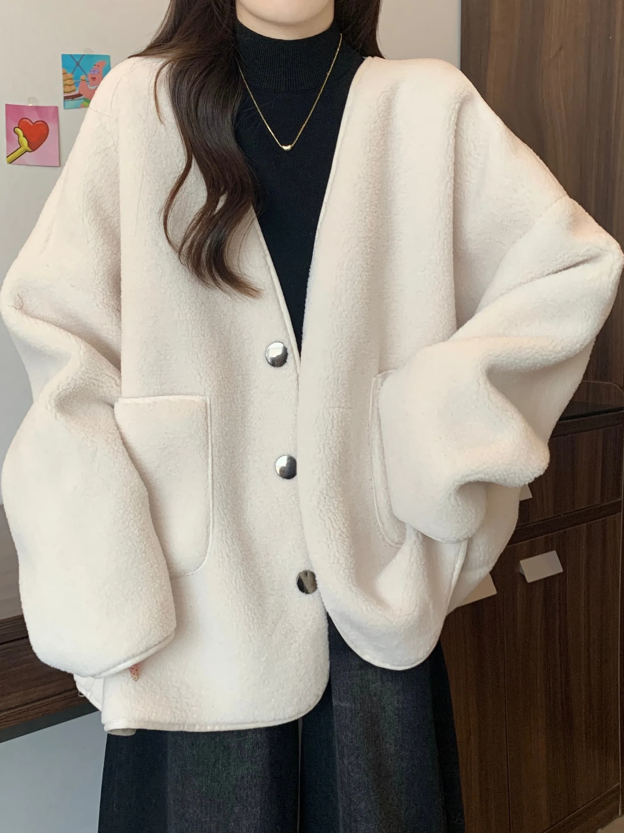 Lamb Fur Jacket Women's plus Size Loose Thickened Winter Outerwear Korean Style Long Sleeve V-Neck Button Detailing Color