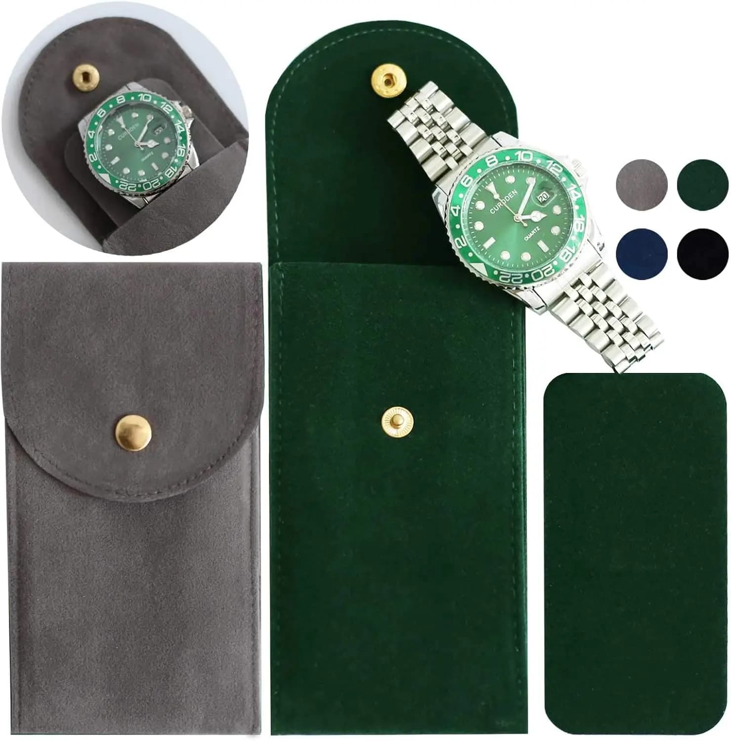 Set di 4 Custodie da Viaggio per Orologi: Sacchetti in Velluto per Uomo e Donna (Nero, Verde, Blu, Grigio)