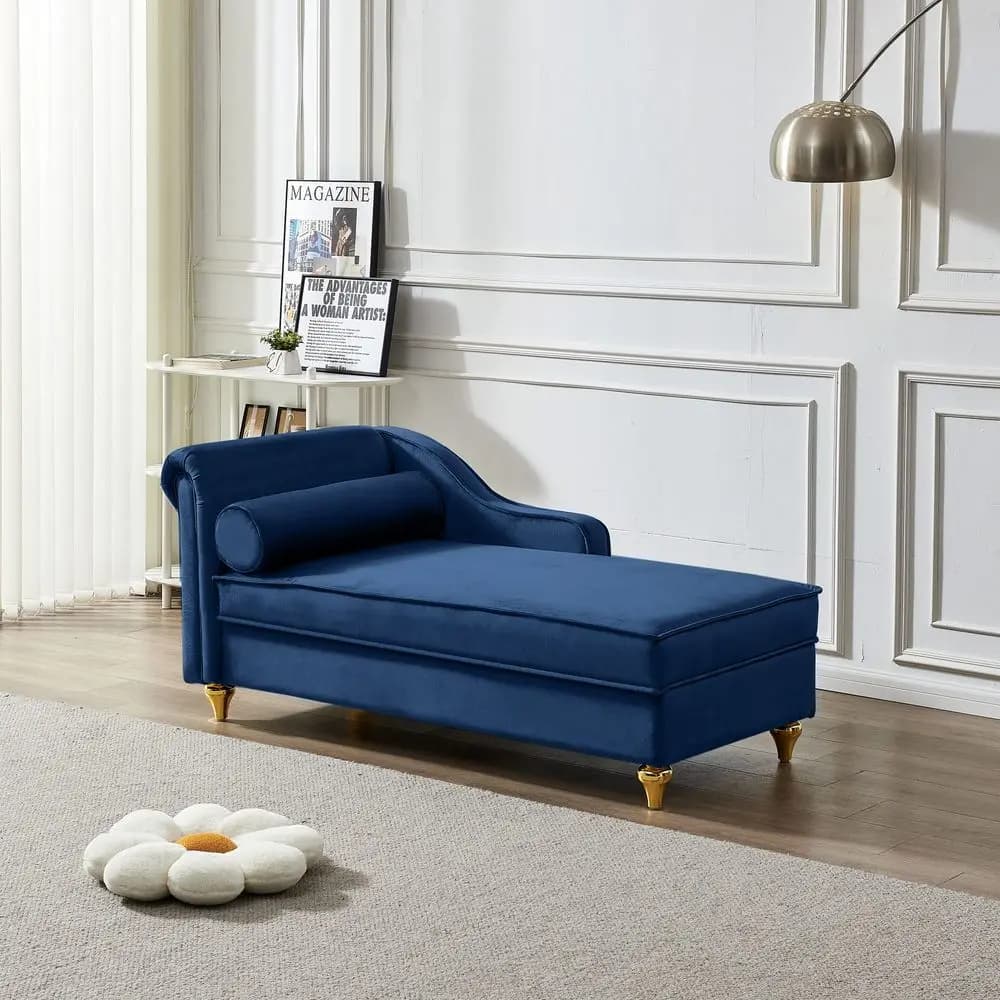 Chaise longue da interno, moderna poltrona lounge in velluto con bracciolo sinistro e cuscino lombare, divano lounge trapuntato con bottoni e contenitore per