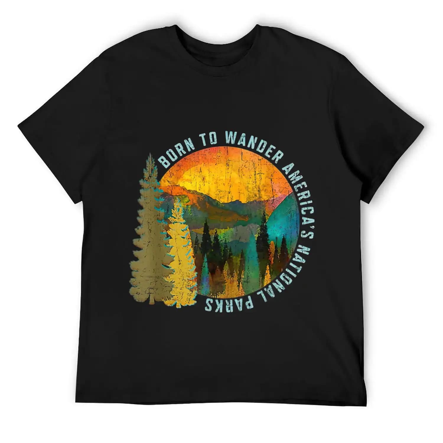 Mens Born to Wander Americas National Parks Vintage T-Shirt Black