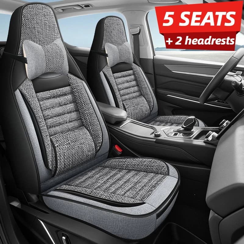 【Edizione Comfort】Set completo di coprisedili per auto a 5 posti + 2 poggiatesta per auto, design elegante e lussuoso con supporto lombare fisso, coprisedili per auto monopezzo in lino completamente avvolgenti, comodi e traspiranti per tutte le stagioni, resistenti e facili da pulire, adatti per la maggior parte dei coprisedili integrati, protegge efficacemente i sedili originali dell'auto, accessori per la decorazione degli interni auto, vestibilità perfetta per auto Tesla/Byd/Ev e altri set completi di sedili sportivi integrati.