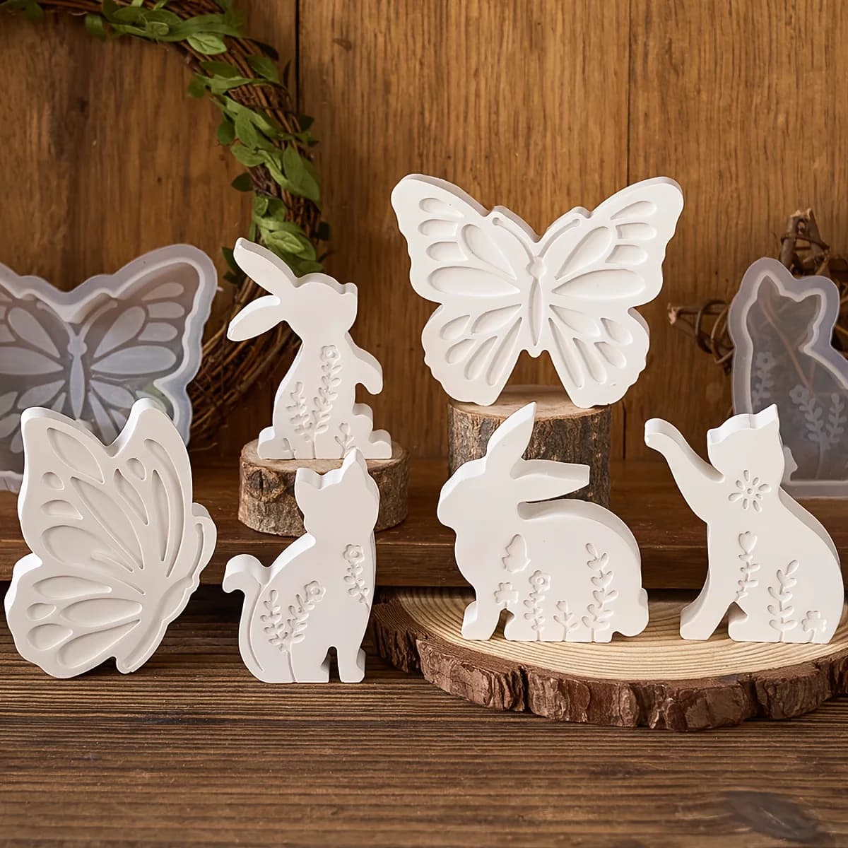 6 pezzi - Stampi in silicone 3D per candele a forma di coniglio e gattino | Disegni Floreali in Rilievo, Creazioni in Resina e Gesso, Regali Pasquali per la Casa