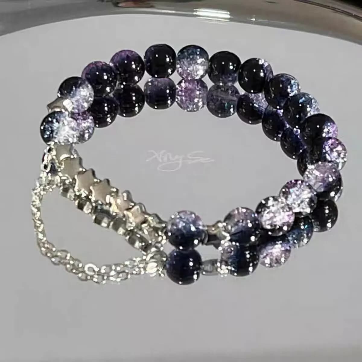 Braccialetto in vetro sfumato nero viola con stelle, da donna, stile galassia, regalo originale per fidanzata, dolce e cool