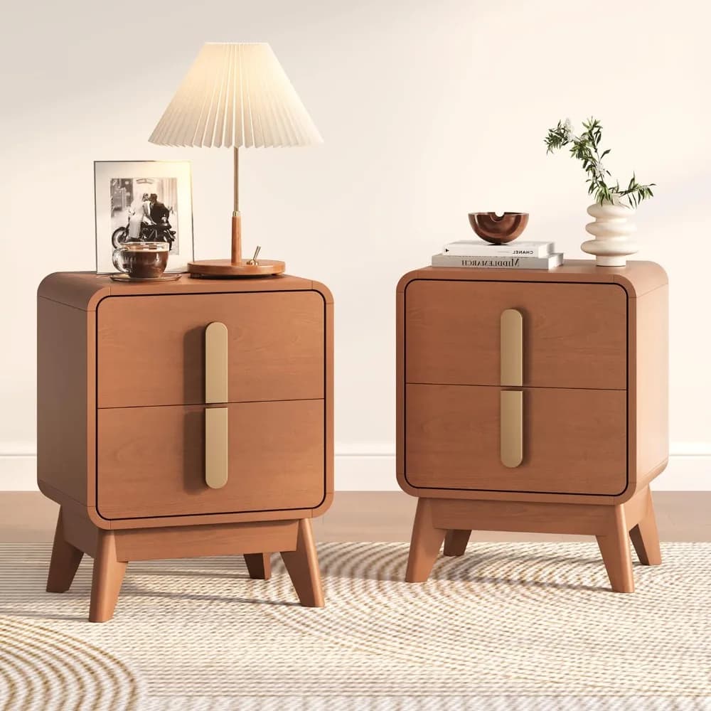 Set di 2 Comodini Moderni Stile Mid-Century, Tavolino da Notte in Legno con 2 Cassetti e Maniglie in Metallo, Design Curvo, Personalizzabile