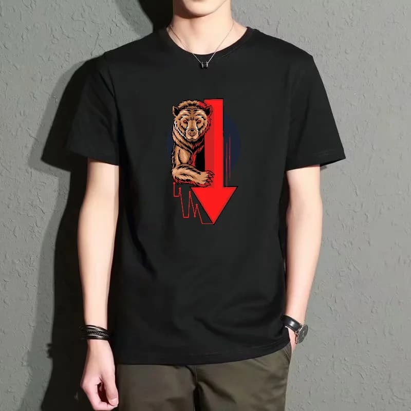 Men's Black Round-Neck Short-Sleeved T-Shirt, Trendy Bear Head and Arrow Print Top, Casual Street Style, Versatile, Comfortable and Breathable for Everyday Wear