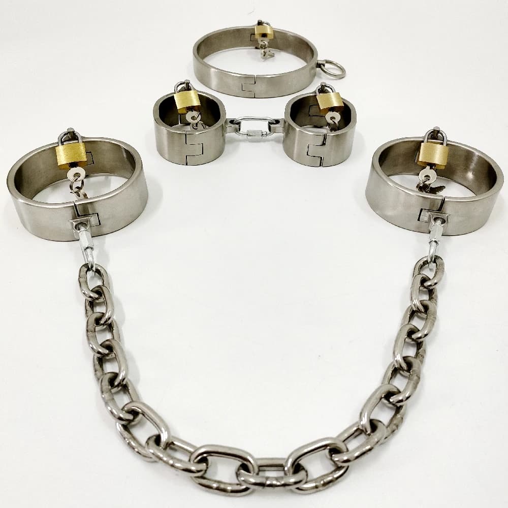 Manette in acciaio inossidabile con chiusura a perno, set di restrizioni per bondage BDSM con catena staccabile per adulti - Caviglia con colletto in metallo pesante