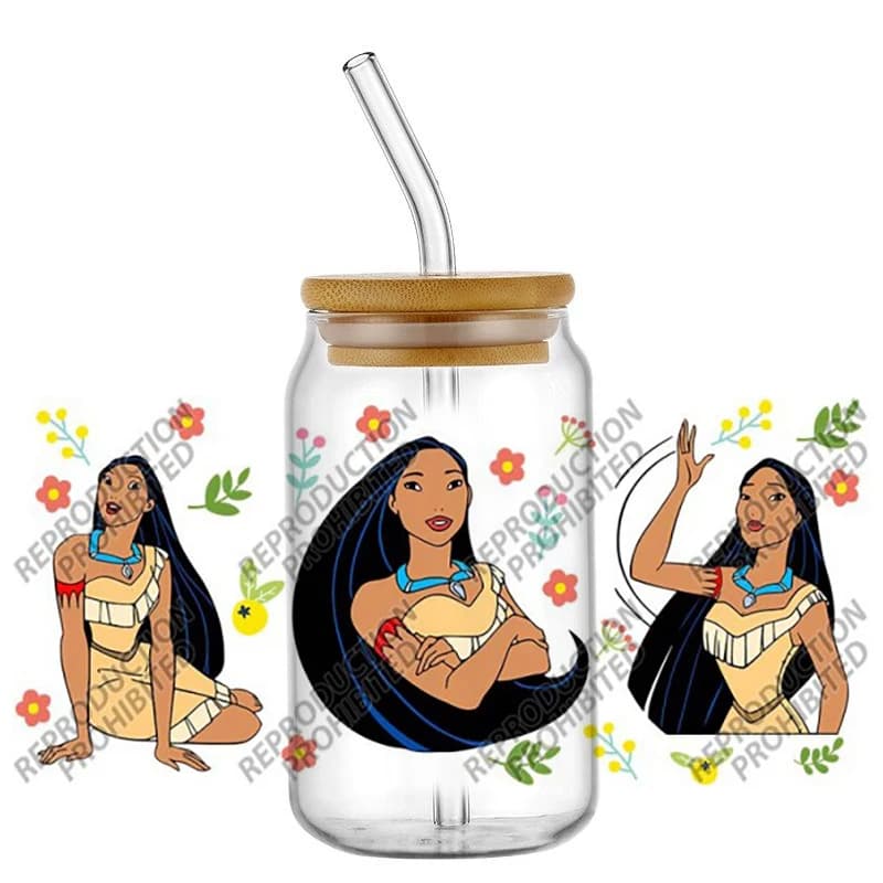 16oz UV DTF decorative 3D stickers with Pocahontas animation film characters, very popular, for glasses, cups, DIY, creative gift.