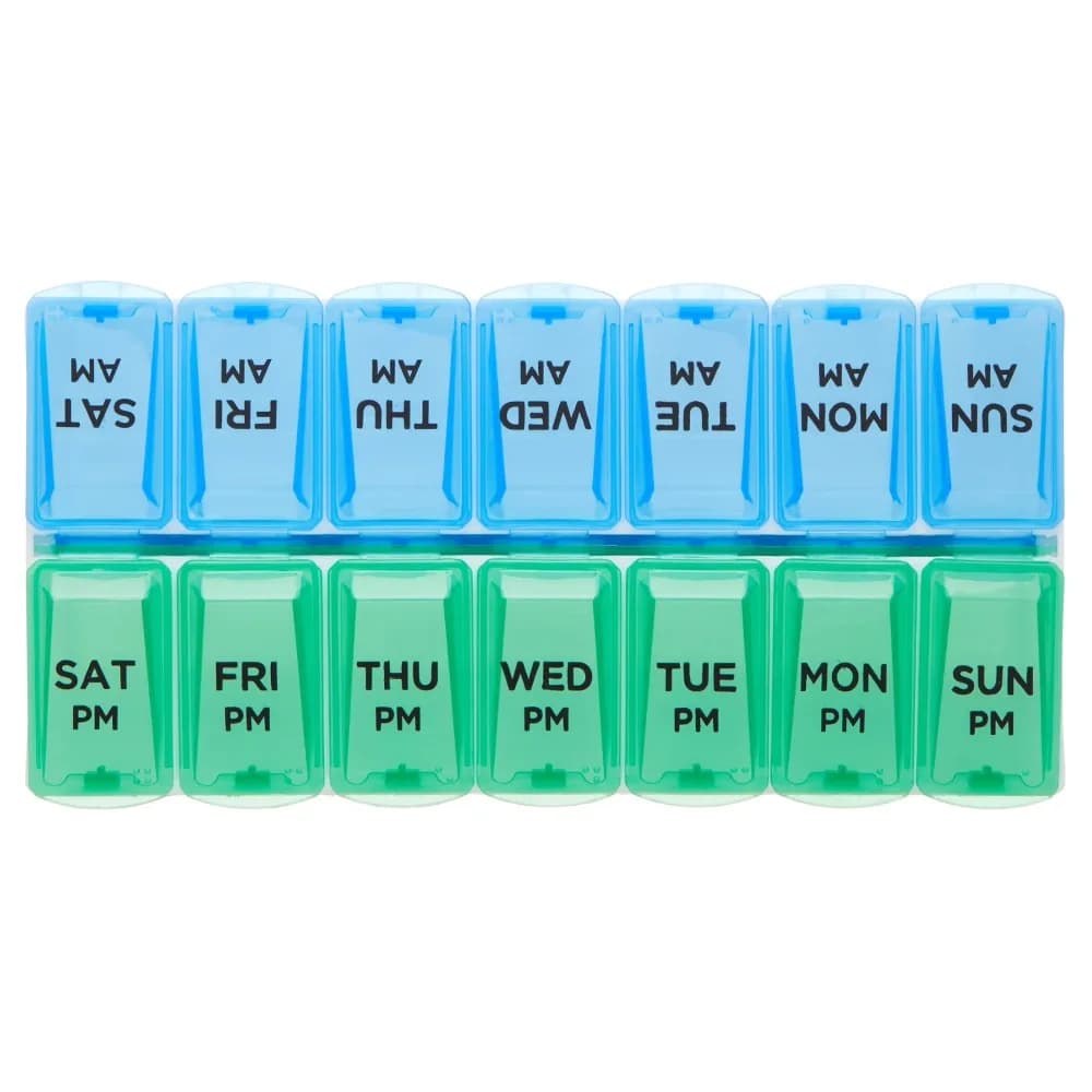 Weekly Pill Organizer AM PM 7.5 Inch with 7 Day Compartments Daily Medication Planner Reminder Case Portable Travel Pharmacy Storage Box for Pills Vitamins Supplements Fish Oil Elderly Adults Men Women