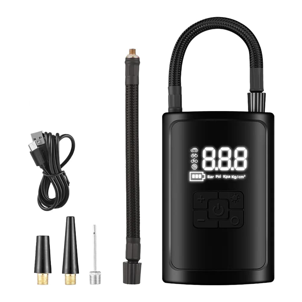 Compressore d'Aria Portatile Wireless con Luce LED per Auto, Moto e Bici, con Gonfiaggio Rapido e Ugelli Multipli