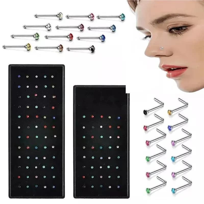 40/60 pieces/set pack of crystal stainless steel nose Piercing straight nose ring kit L Piercing nose jewelry for body with titanium propeller