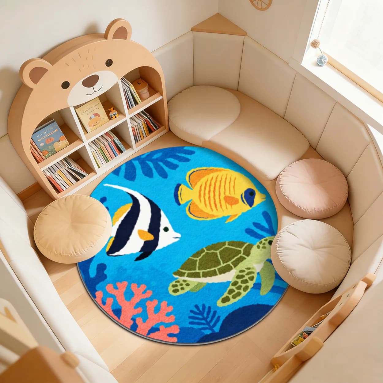 Tappeto Rotondo Impermeabile per Bambini con Tema Marino, Tappetino Decorativo per Cameretta, Tappeto Tropicale con Squali e Pesci per Area Giochi dei Bambini