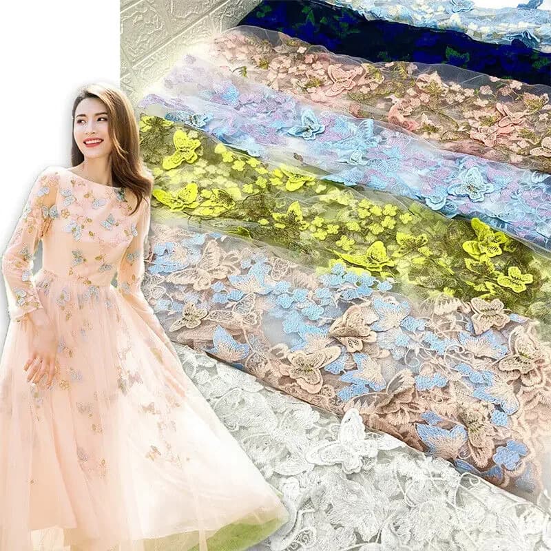 Floral 3D Butterfly Embroidery Fabric Lace Voile Mesh for Diy Dress Suit Sewing Craft Project Clothing Making Supplies