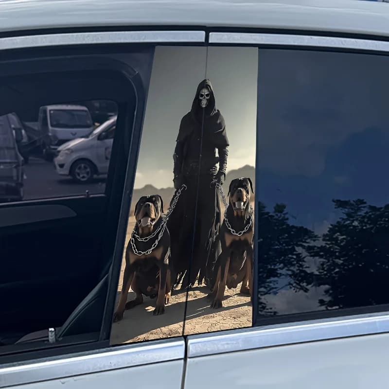 Set da 2 pezzi, adesivo per montante B dell'auto Reaper and Hound; set da 2 pezzi - impermeabile, resistente ai graffi, adatto a tutti