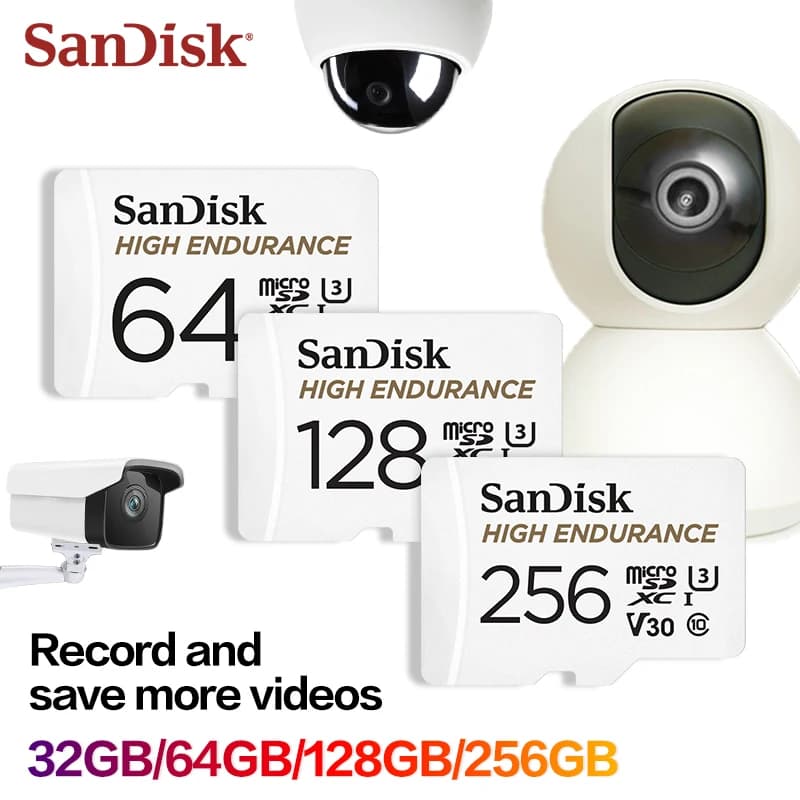 SanDisk High Endurance Video microSD Card C10 U3 V30 4K UHD 32G 64GB 128GB 256GB Read 100MB/s for Dash Cam Home Monitoring
