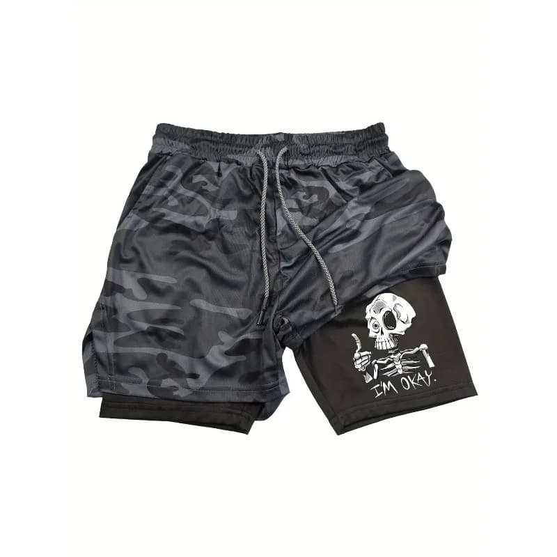 Men's printed sports shorts with double-layer quick drying breathable phone side pocket and towel strap for running fashion