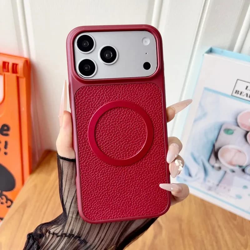 Lychee Pattern Learther Magnetic Back Case For iPhone 17 16 15 13 14 13 12 Pro Max For Magsafe Matte Shockproof Hard PC Cover