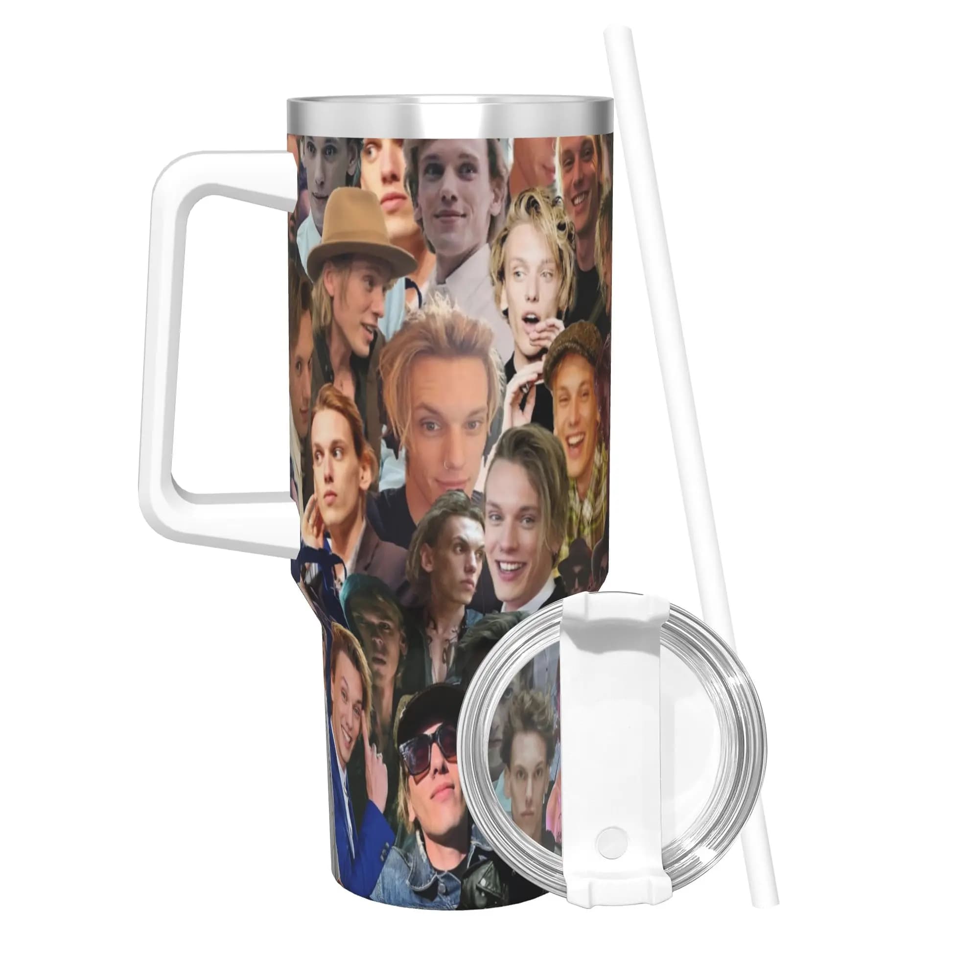Borraccia Termica Isolante Jamie Campbell Bower con Collage di Foto e Cannucce, Tazza Termica Sottovuoto per Viaggi e Auto, 40oz