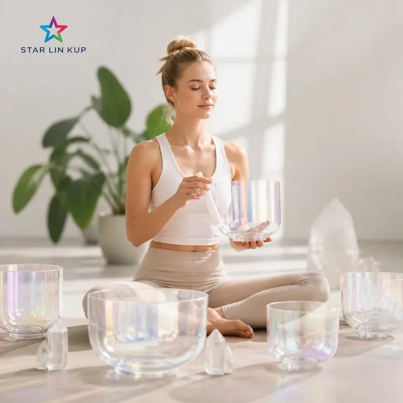 STAR LIN KUP Transparent Crystal Singing Bowl Handheld Double Headed Yoga Meditation Sound Healing Percussion Instrument for