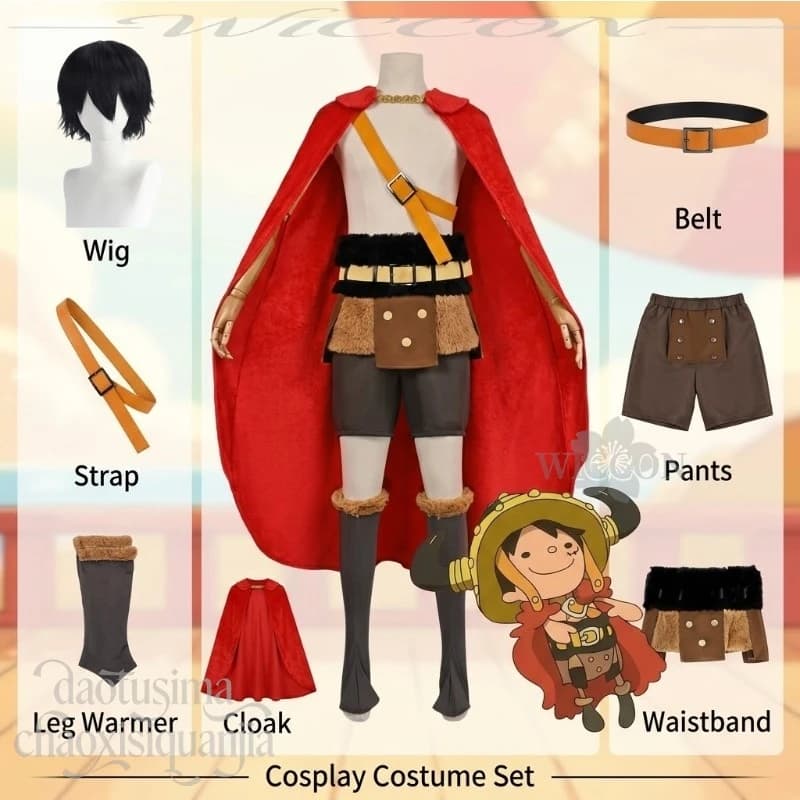 Costume Cosplay Anime Erubafu Luffyy, Nuovo Outfit Stile Pirata Vichingo, Mantello Lungo Rosso, Pantaloncini Pelosi, Cintura, Scaldamuscoli, Parrucche per Festa di Halloween