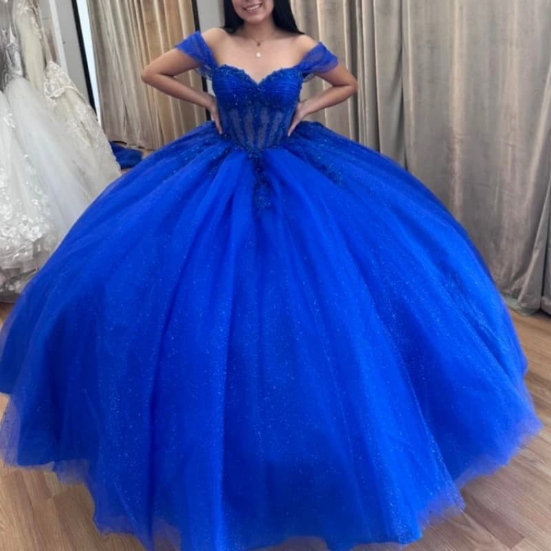Abito da ballo blu royal lucido Abiti Quinceanera con spalle scoperte Applique in pizzo Perline Tull a strati di cristallo Festa di compleanno Dolce