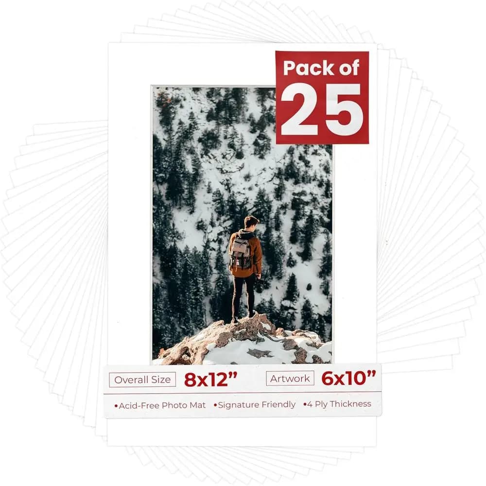 Set di 25 Passepartout Senza Acidi 8x12 o 6x10 con Texture a Pallina da Golf, Passepartout a 4 Strati, Cartoncini di Supporto e Buste Trasparenti per Foto