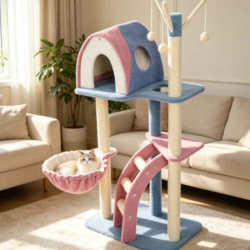 Multilevel Cat Tree with Sisal Scratching Posts Hanging Bed and Cozy Condo for Indoor Cats Activity Play Furniture