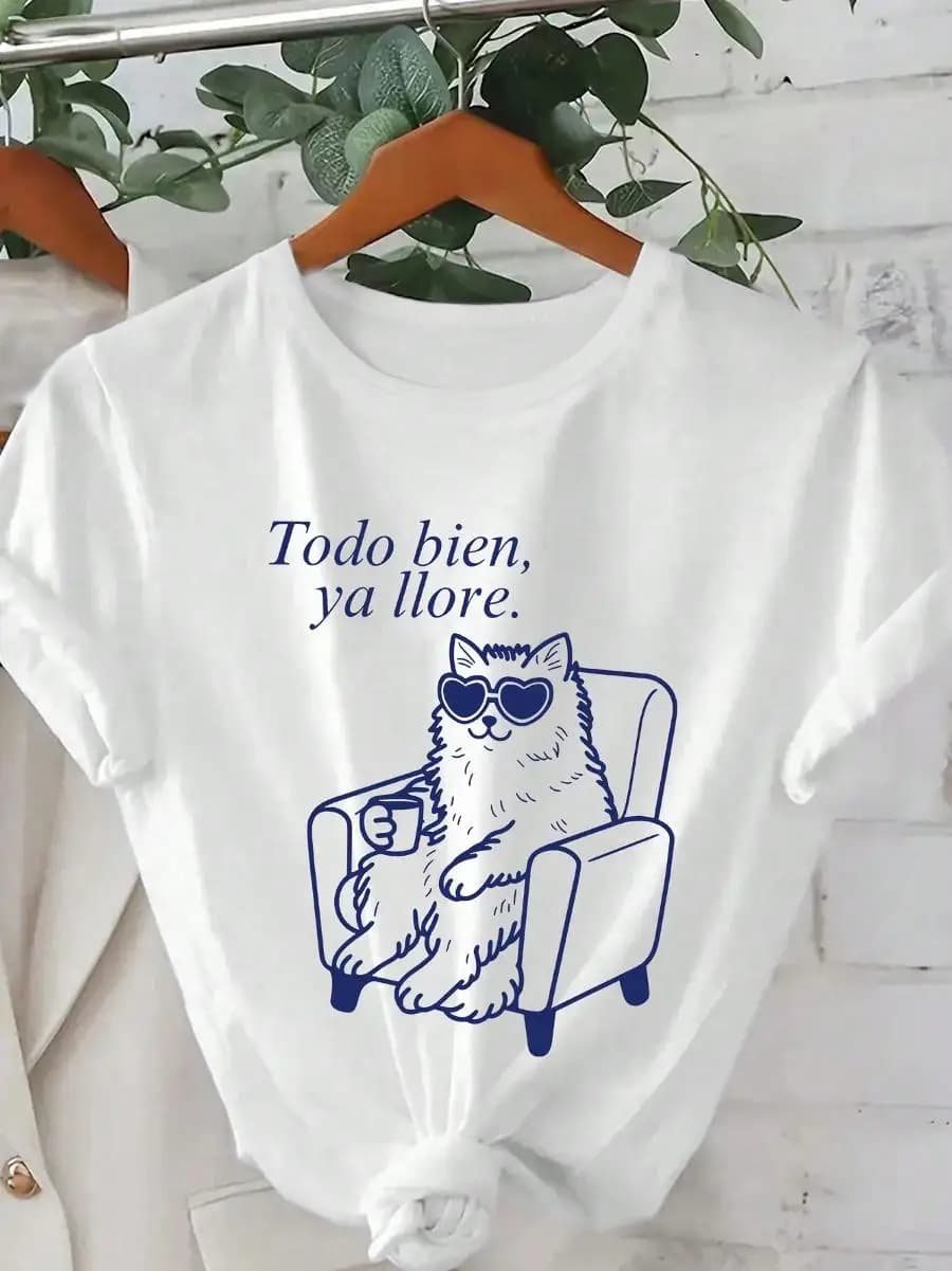 Women s Casual I ve Cried Enough Cat Heart Sunglasses Coffee Graphic Round Neck Short Sleeve T-Shirt, Suitable For Spring, Summer, Autumn, Valent