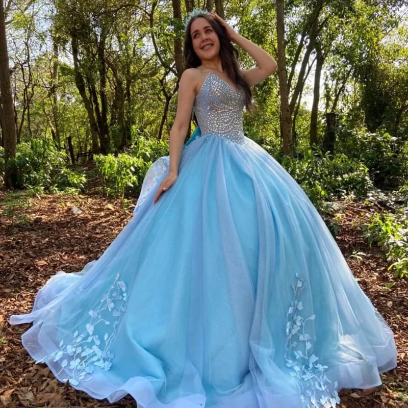 Abito Quinceanera azzurro cielo con spalle scoperte cristallo pizzo glitter fiore decalcomania Fiocco abiti da 15 Quinceanera Personalizzato