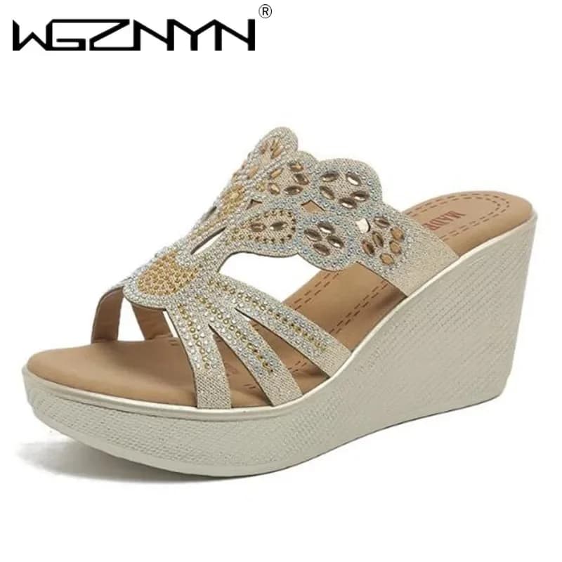 Nuove pantofole da donna estive 2025 impreziosite da cristalli con punta tonda e plateau, infradito da esterno, sandali da spiaggia con zeppa quotidiana casual da donna