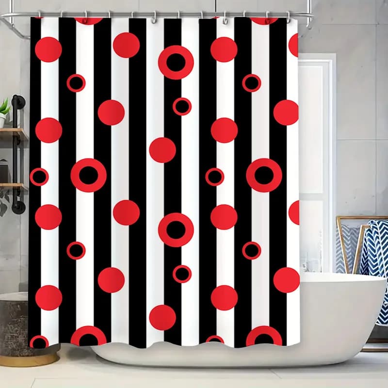 Tenda da doccia a strisce rotonde rosse e bianche per l'arredamento del bagno, tessuto moderno impermeabile