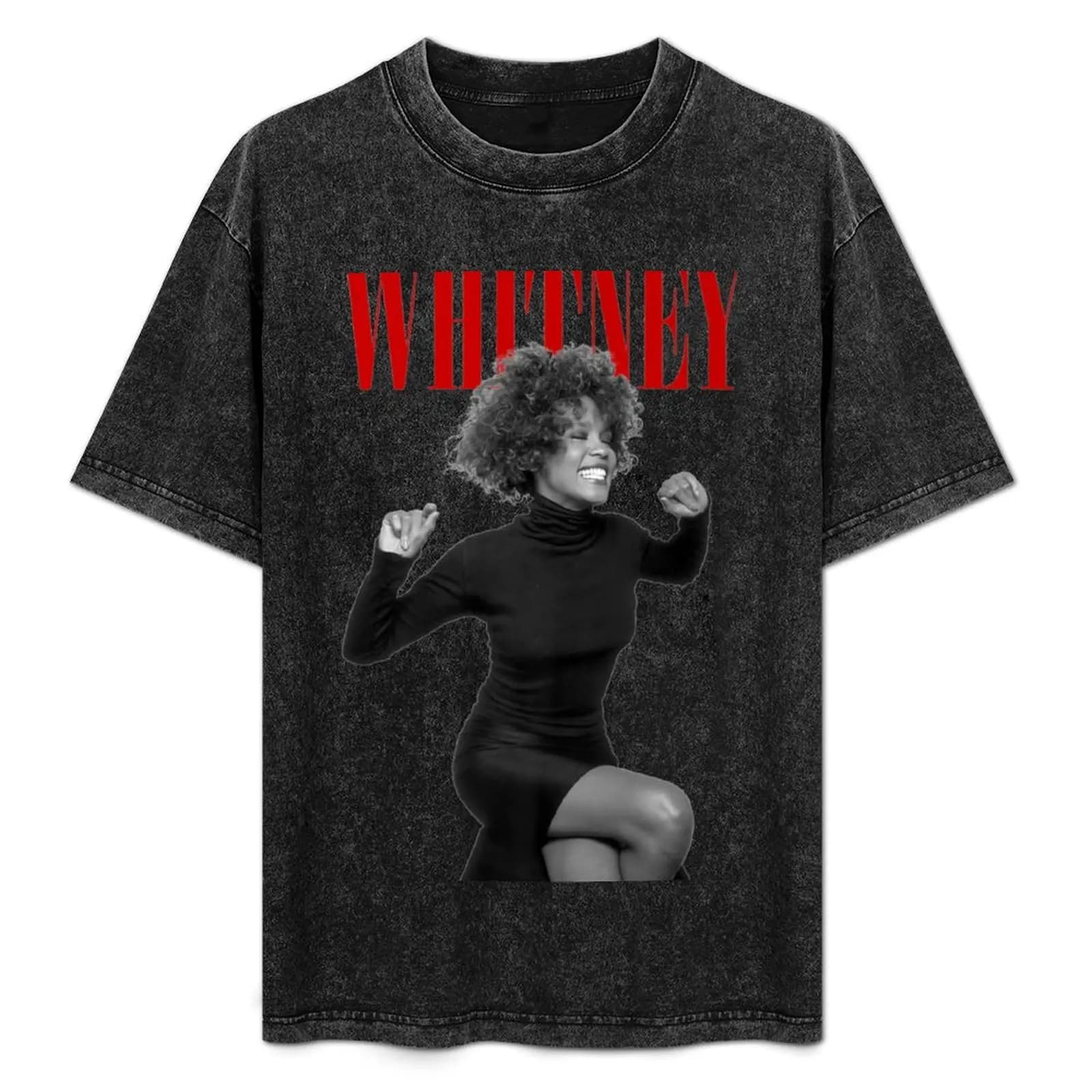 T-shirt nera con foto di uomini e donne Whitney, T-shirt sportiva da uomo