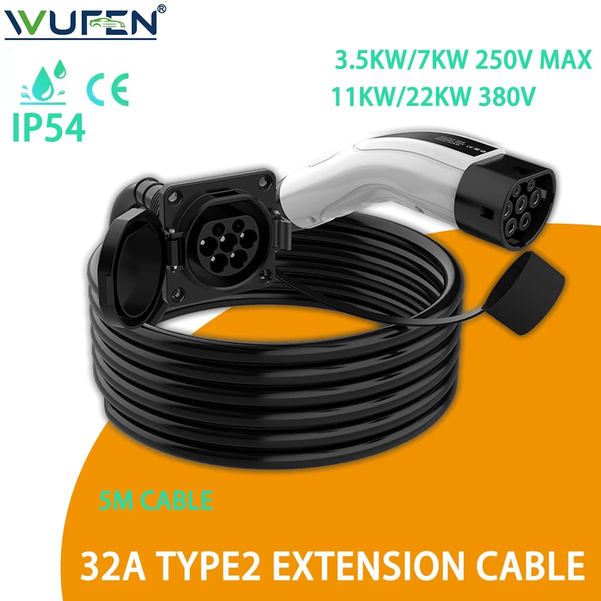 WUFEN Tipo 2 Cavo di prolunga 3,5KW 7KW 11kW 22kW per caricabatterie portatile Caricatore per stazione di ricarica Wallbox con spina di ricarica di tipo 2