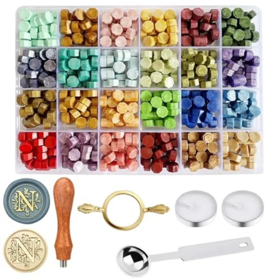 Wax Seal Stamp Kit - Sealing Wax Beads in 24 Colors with Personalized Letter Stamp, Steel Melting Spoon, Tea Candles and Round