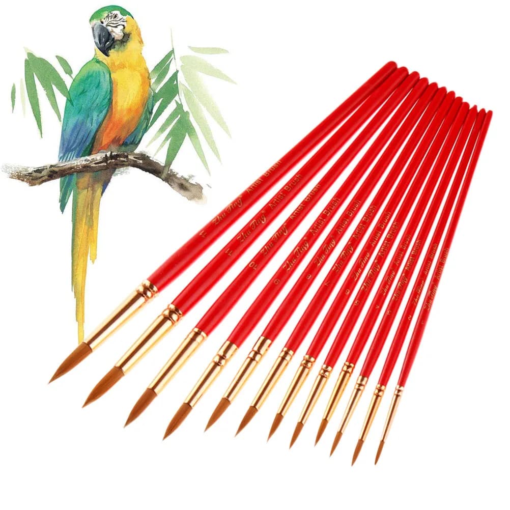 12Pcs Artist Paint Brush Set Red Handle Watercolor Brushes Nylon Hair High Absorption Flexibility for Acrylic Gouache Pottery