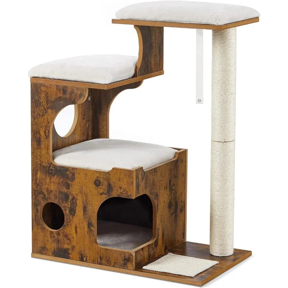 % una torre per gatti da 33,9 pollici, albero medio con 3 letti e grotta, condominio per gatti in MDF con impiallacciatura di legno, palo in sisal, marrone rustico bianco