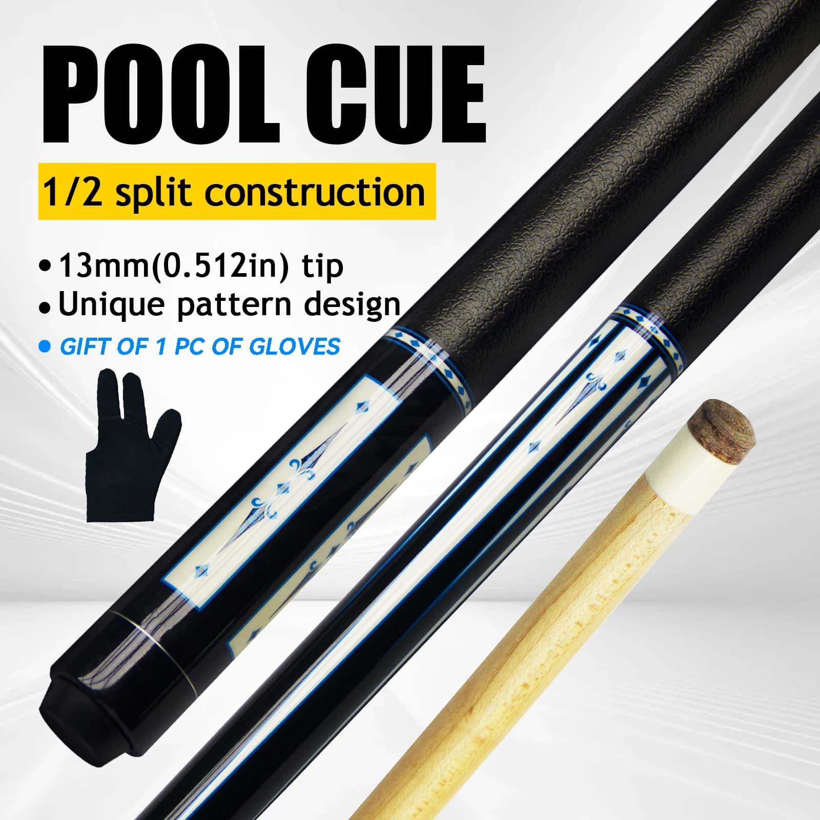 Set di borse per stecche da biliardo professionali in acero di grado A americano da 13 mm, 57,48 pollici, blu, bianco, poker, in pelle unica, impugnatura antiscivolo, per principianti, conveniente