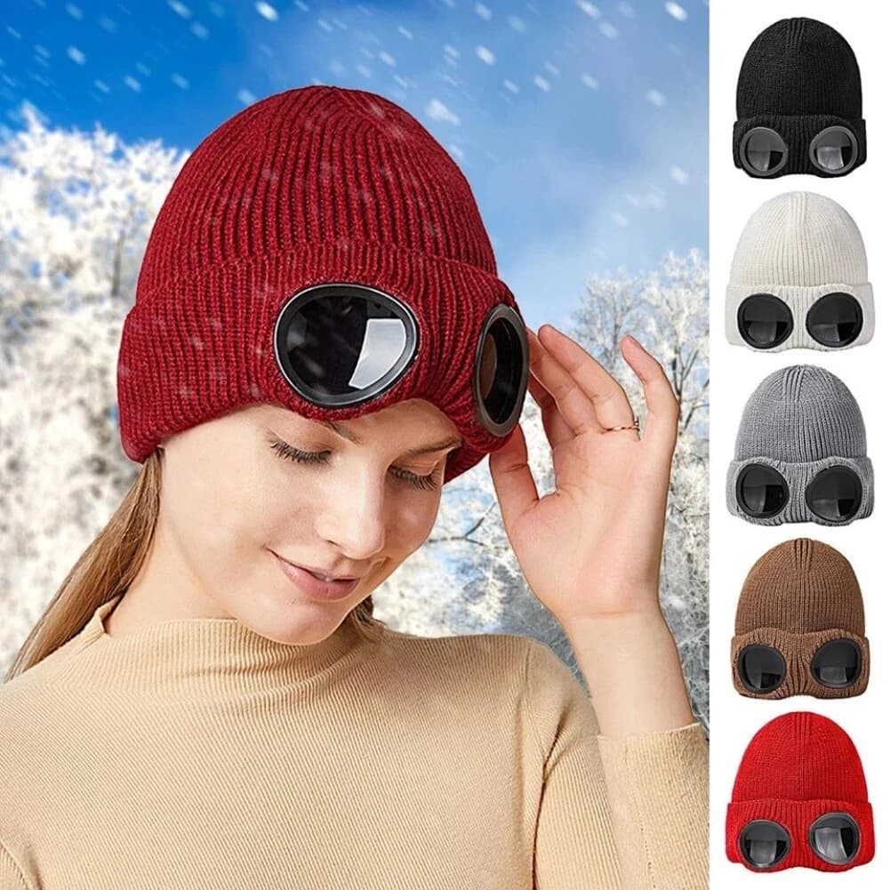 Unisex Fleece-Lined Knitted Beanie With Goggles Winter Warm Ski Hat Soft Breathable Skully Head Cover For Casual Everyday Wear