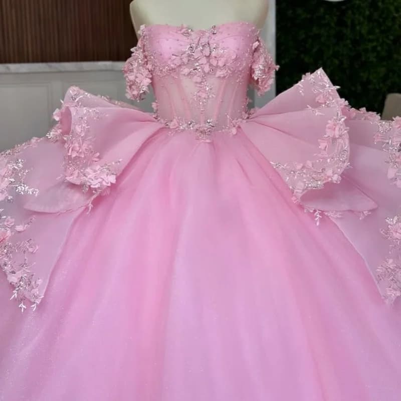 Abito Quinceanera rosa con spalle scoperte Pizzo con paillettes Fiore 3D applique cristallo Tull stratificazione abiti da 15 Quinceanera Personalizzato