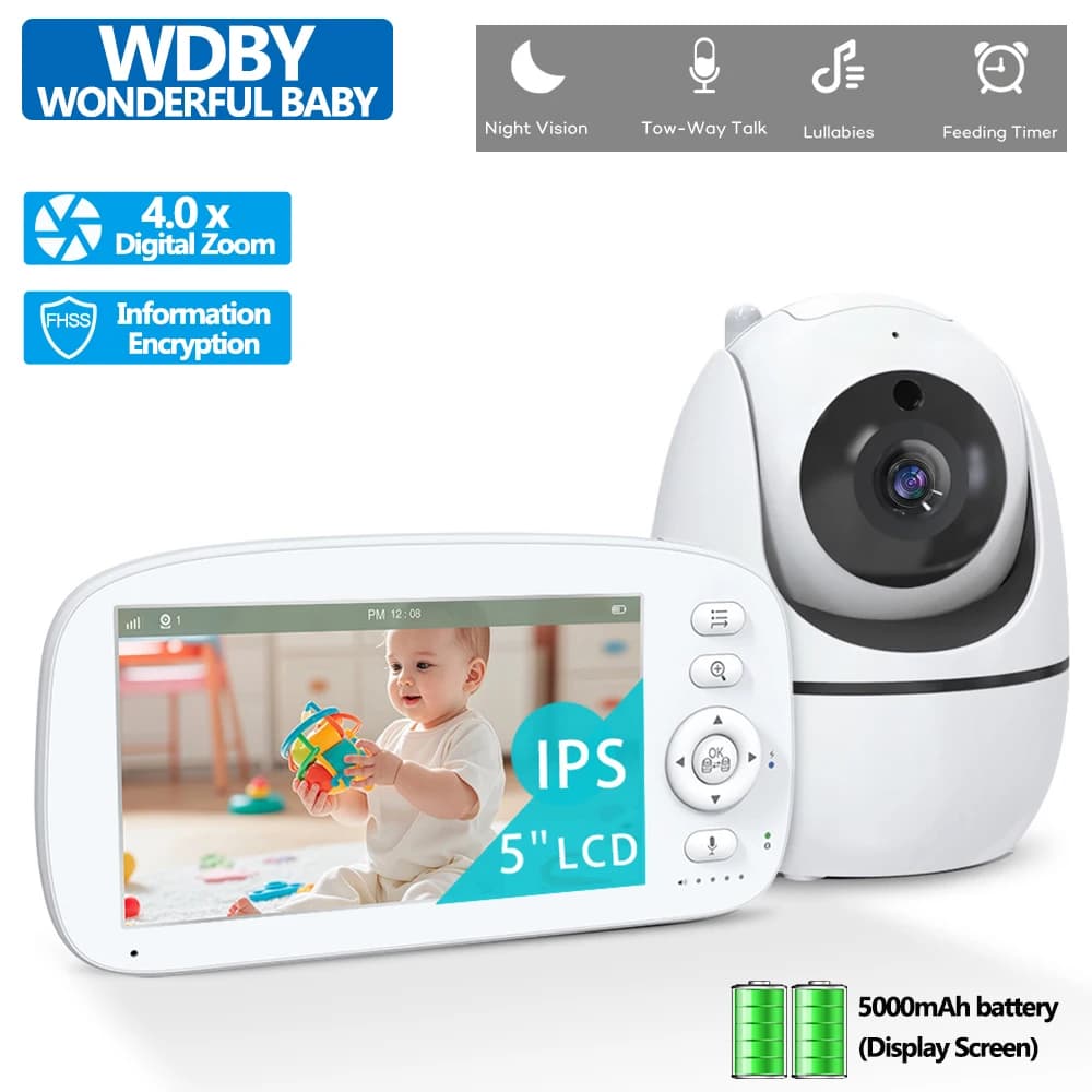 Nuovo baby monitor video da 5 pollici con telecamera e audio, zoom 4X, batteria da 5000 mAh, portata di 300 metri, bidirezionale, temperatura, ninna nanna, visione notturna