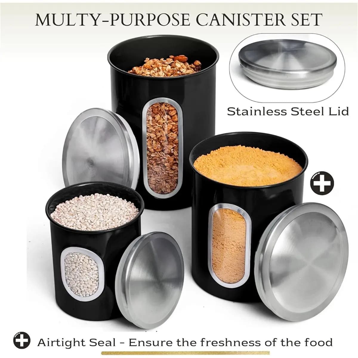 Canisters Set for Kitchen Counter Storage, 3-Piece Metal Food Saver Jars Set with Airtight Lids, Black, for Coffee Beans