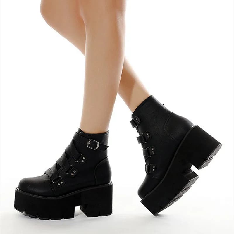 Women boots with high heel thick punk style Women boots with plateau with cross strap for women Botines hot biker waterproof winter slip