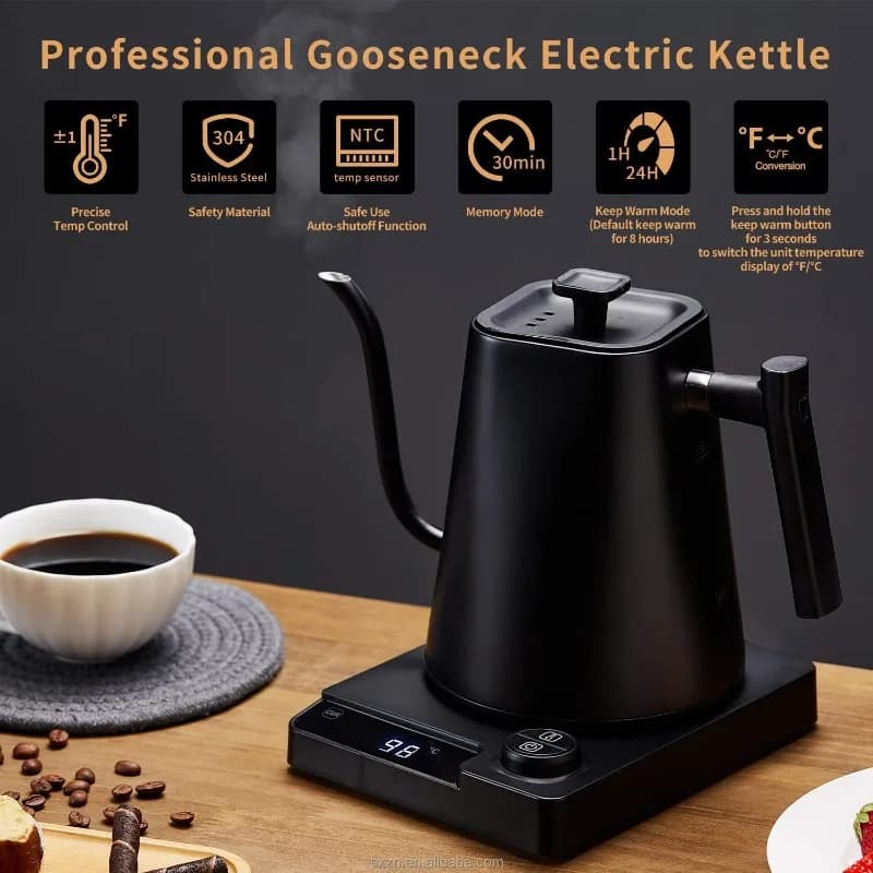 Bollitore Elettrico a Collo d'Oca, Riscaldamento Rapido, Acciaio Inossidabile, 1L 1200W, per Caffè e Tè, Ideale per Hotel e Uso Domestico