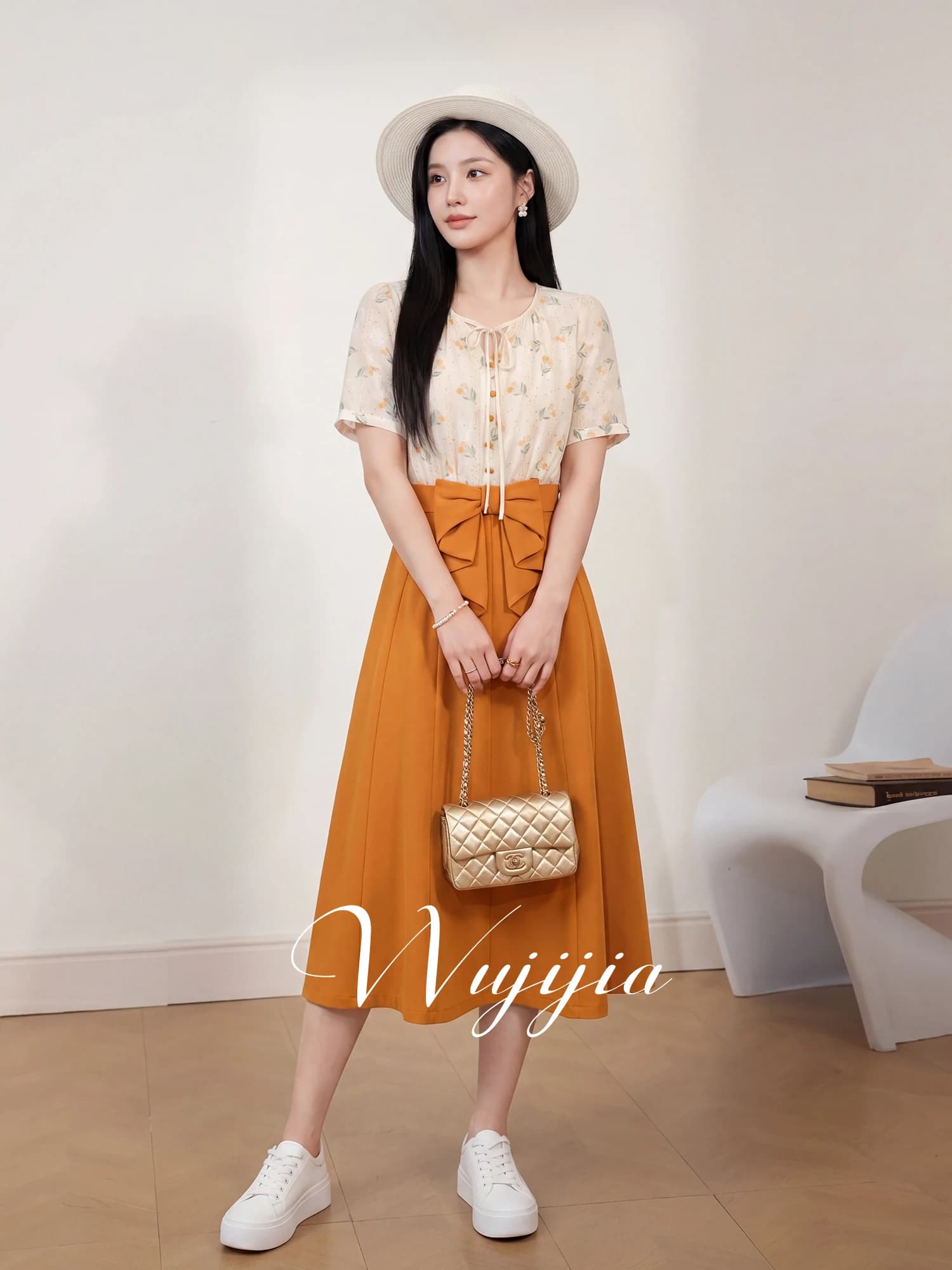 Abito Estivo Alla Moda e Snellente, Giallo Nectarine con Patchwork, Vita Alta, Maniche Corte, Cerniera Posteriore, Gonna a Trapezio, Vestito da Donna