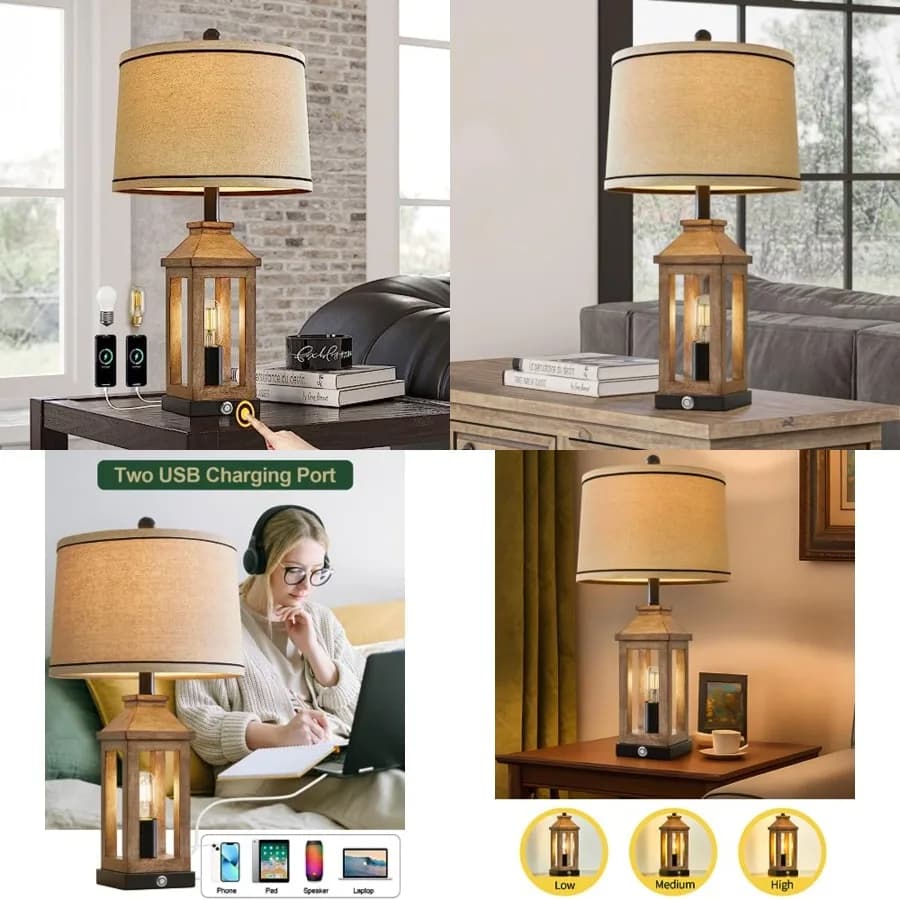 Lampada da Tavolo Stile Fattoria 23.75'' con Porte di Ricarica USB A+C, Dimmerabile a 3 Livelli con Controllo Touch, Luce Notturna Vintage Moderna per Soggiorno