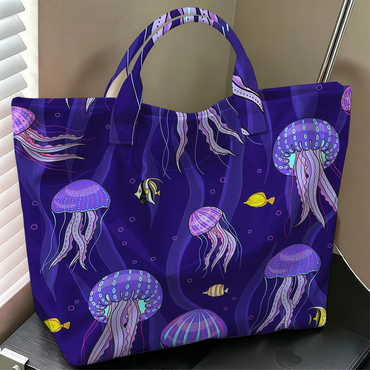 Jellyfish Ocean Cute Large Glossy PVC Tote Bag Hand Washable Lightweight Soft Great for Travel Commute Makeup Storage Handbags