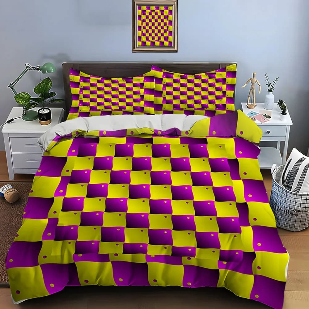 Set copripiumino con motivo a griglia con effetto visivo 3D, stampa digitale, biancheria da letto in poliestere colorato con chiusura a cerniera, ideale come regalo per bambini