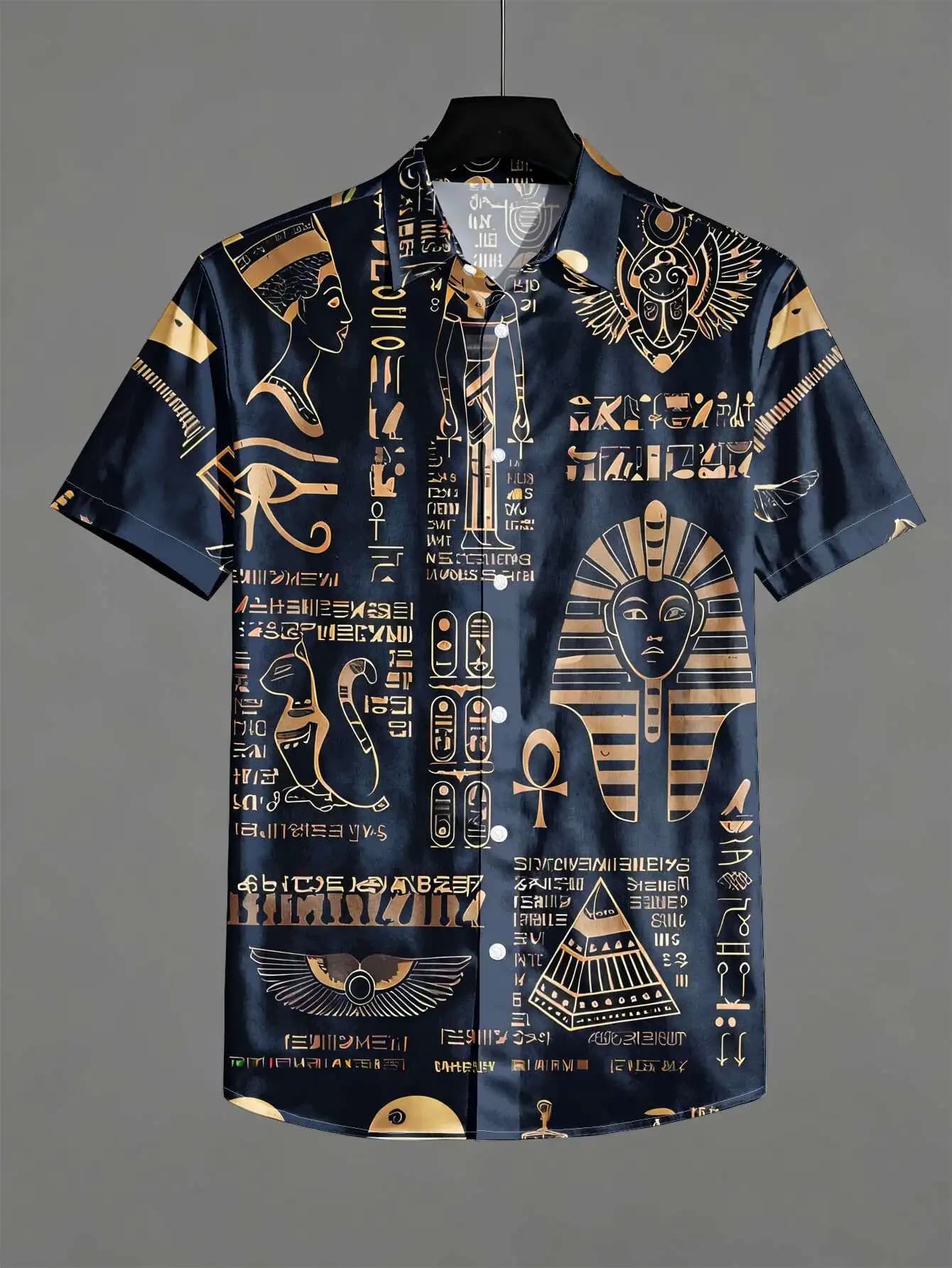 Vintage Egypt Symbol Pharaoh Cat Hieroglyph Pattern Unisex Short Sleeve Blouse Camp Collar Loose Tropical Vacation Shirt